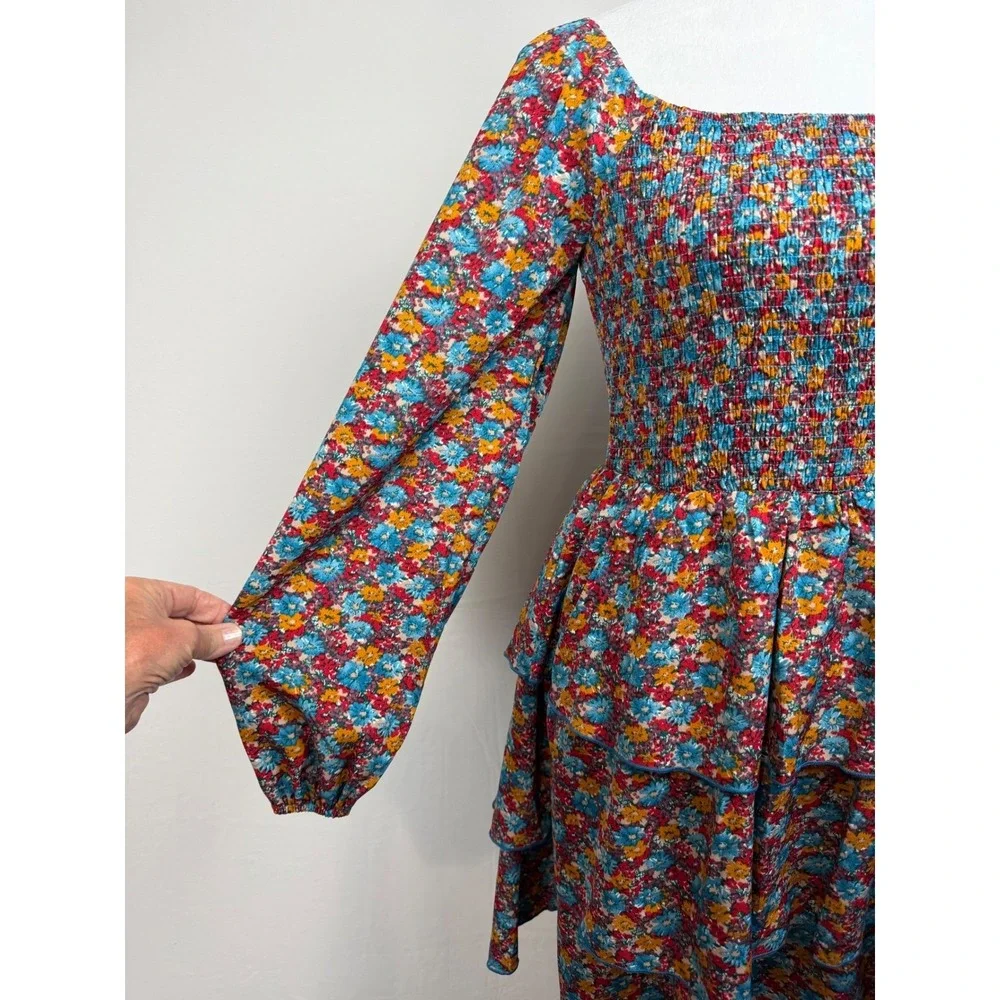 BTFBM Women's Mini Dress Floral Smocked Tiered Cottagecore Square Neck Small NWT